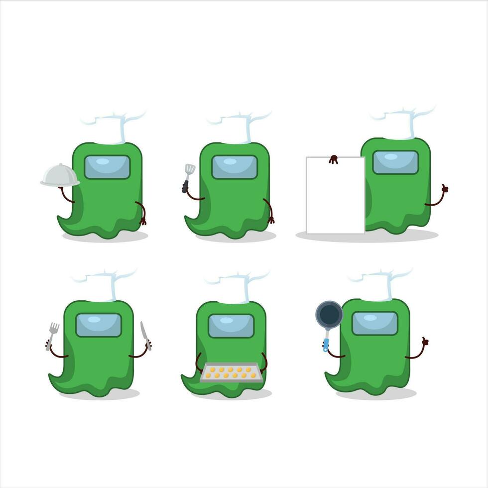 dibujos animados personaje de fantasma entre nosotros verde con varios cocinero emoticones vector
