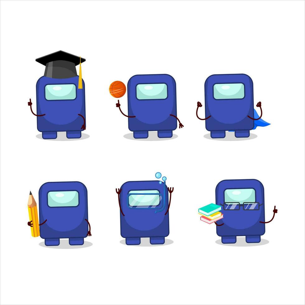 School student of among us blue cartoon character with various expressions vector