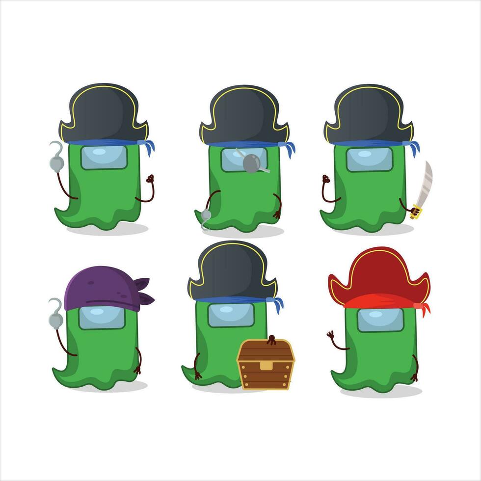 dibujos animados personaje de fantasma entre nosotros verde con varios piratas emoticones vector