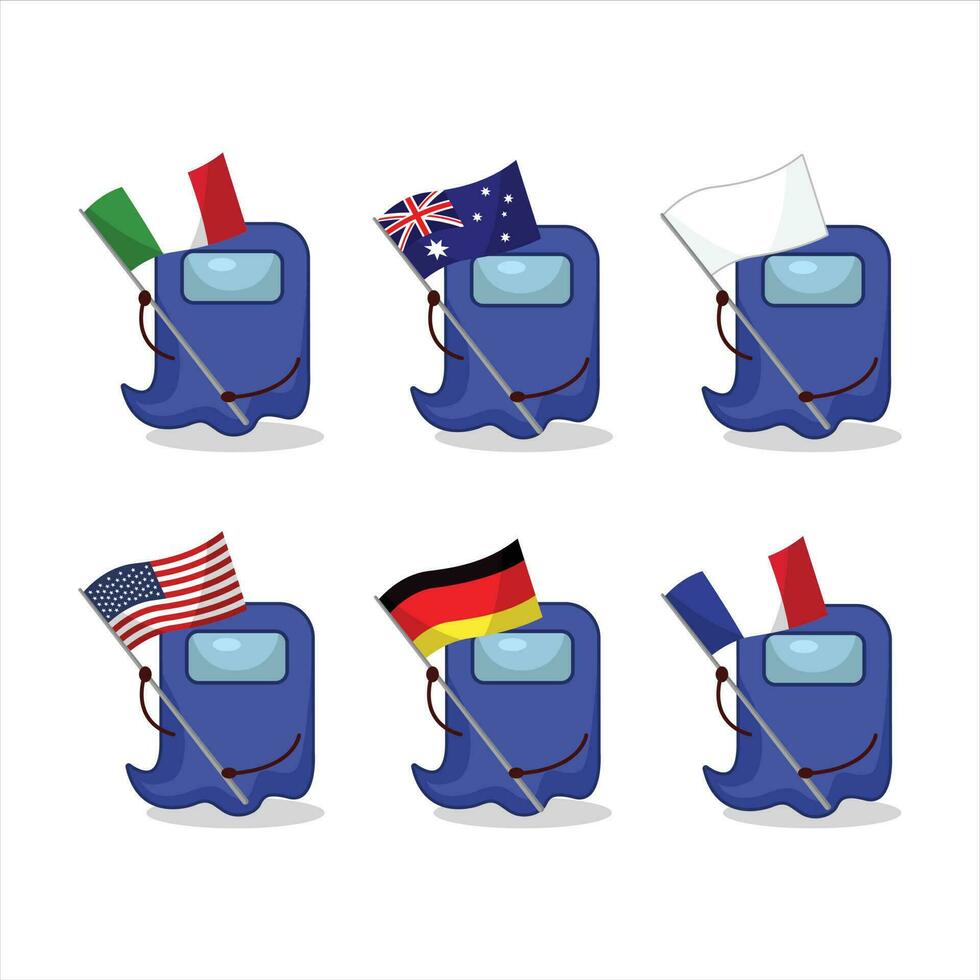 Ghost among us blue cartoon character bring the flags of various countries vector