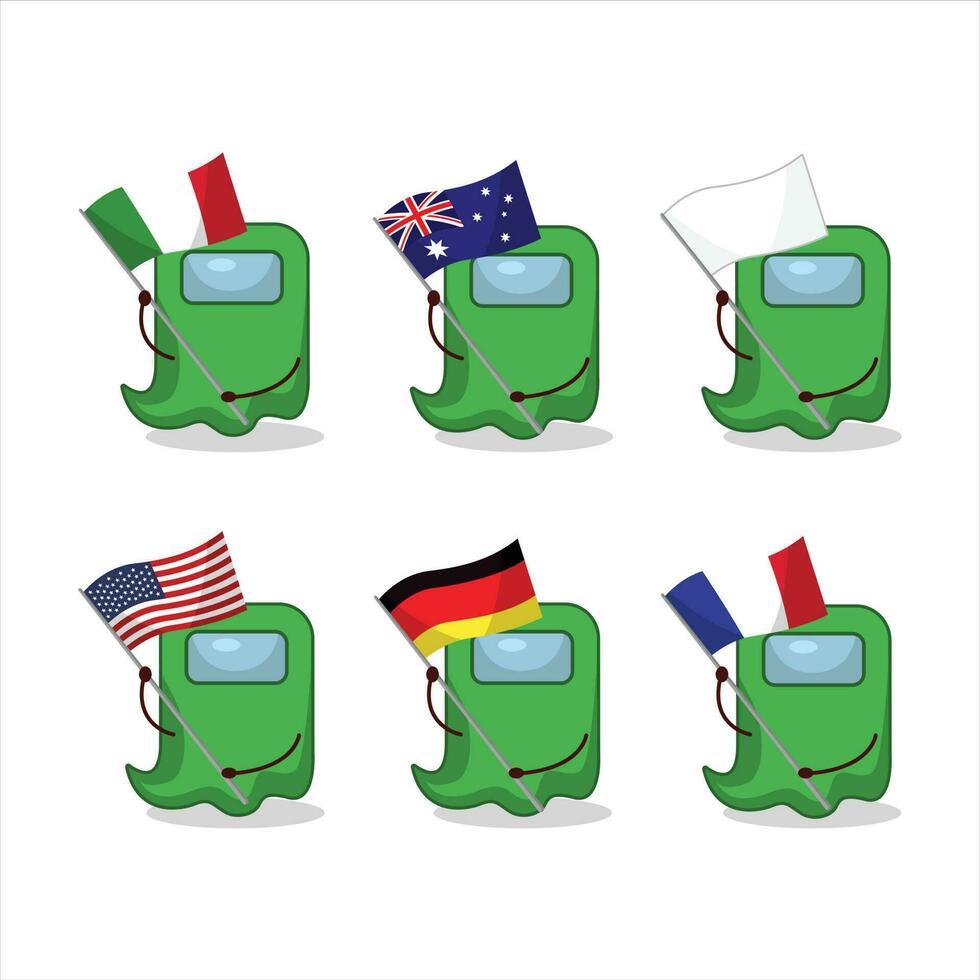 fantasma entre nosotros verde dibujos animados personaje traer el banderas de varios países vector