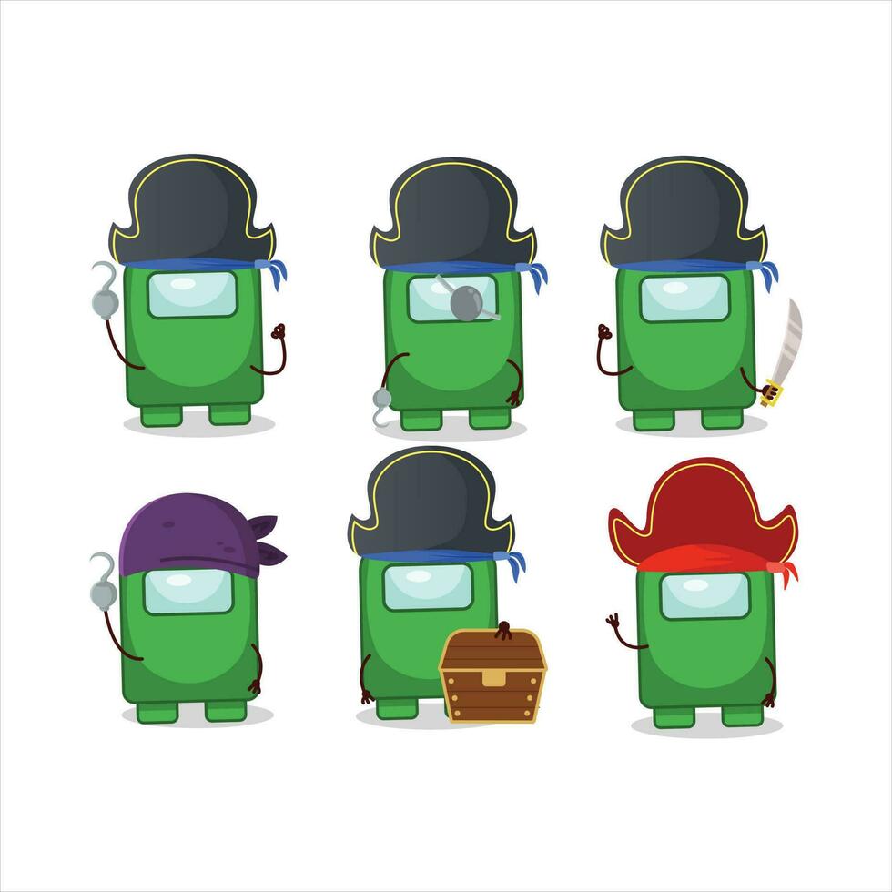 Cartoon character of among us green with various pirates emoticons vector