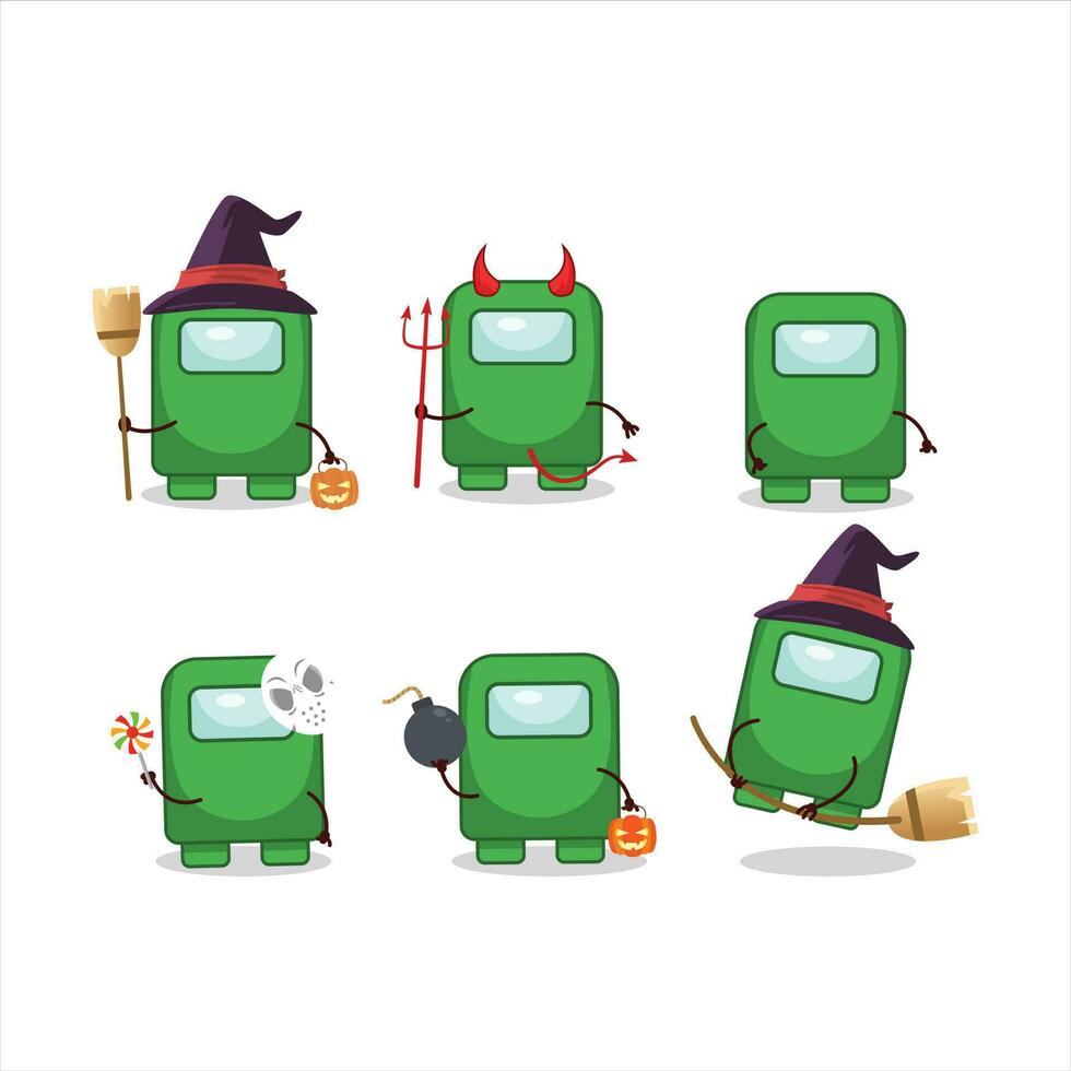 Halloween expression emoticons with cartoon character of among us green vector
