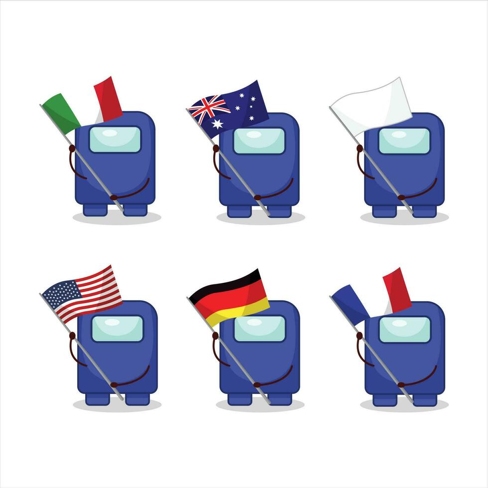 Among us blue cartoon character bring the flags of various countries vector