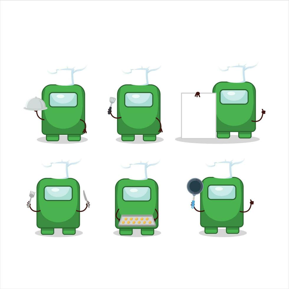 Cartoon character of among us green with various chef emoticons vector