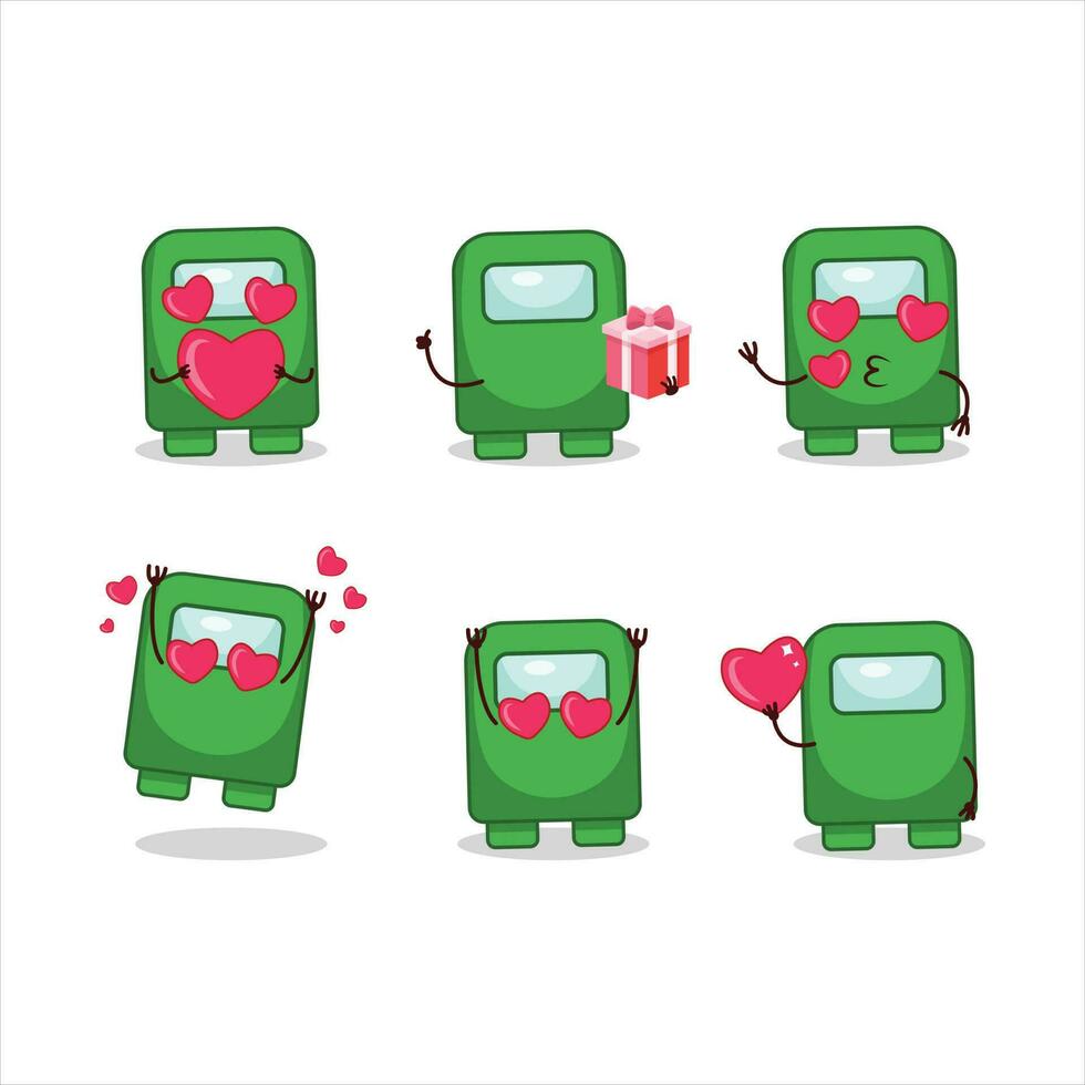 Among us green cartoon character with love cute emoticon vector