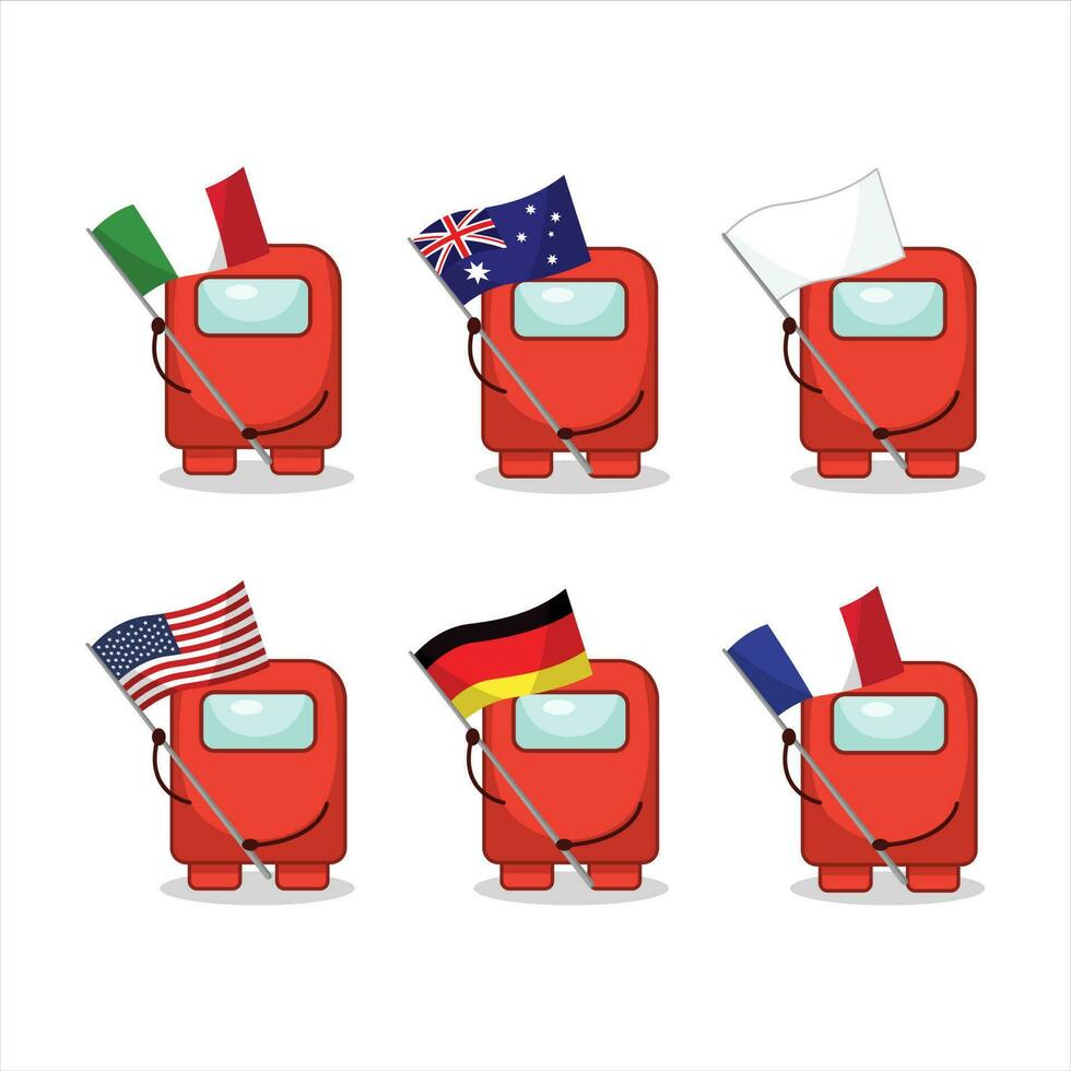 Among us red cartoon character bring the flags of various countries vector