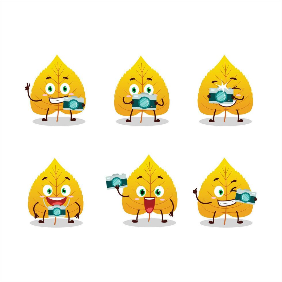 Photographer profession emoticon with yellow dried leaves cartoon character vector