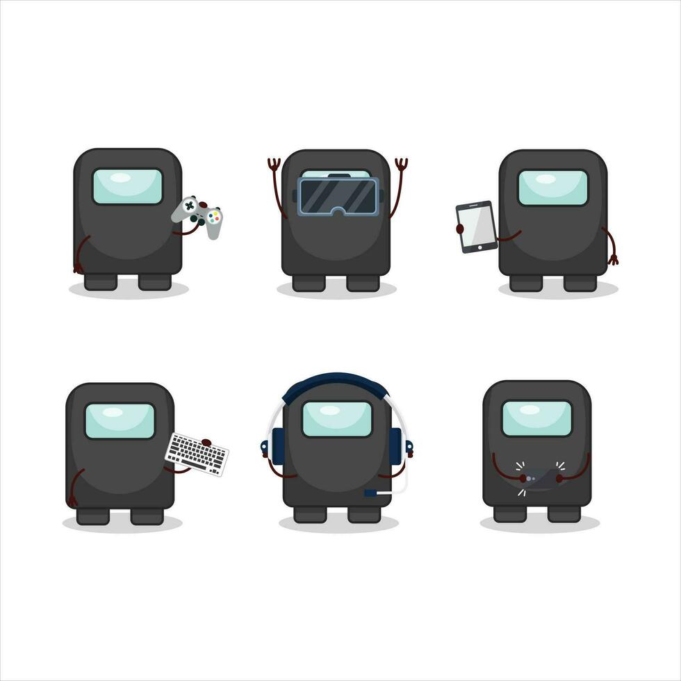 Among us black cartoon character are playing games with various cute emoticons vector