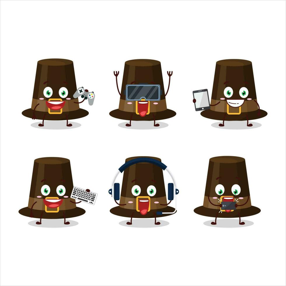 Brown pilgrims hat cartoon character are playing games with various cute emoticons vector