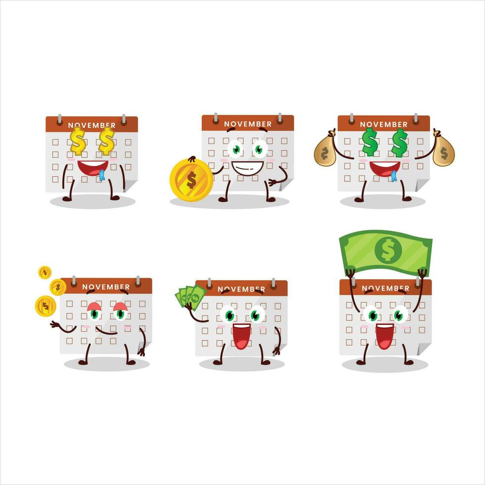 Thanksgiving calendar cartoon character with cute emoticon bring money vector