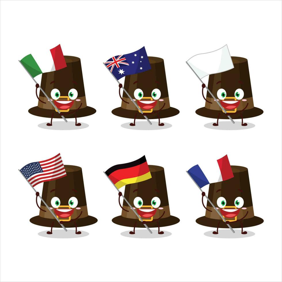 marrón peregrinos sombrero dibujos animados personaje traer el banderas de varios países vector