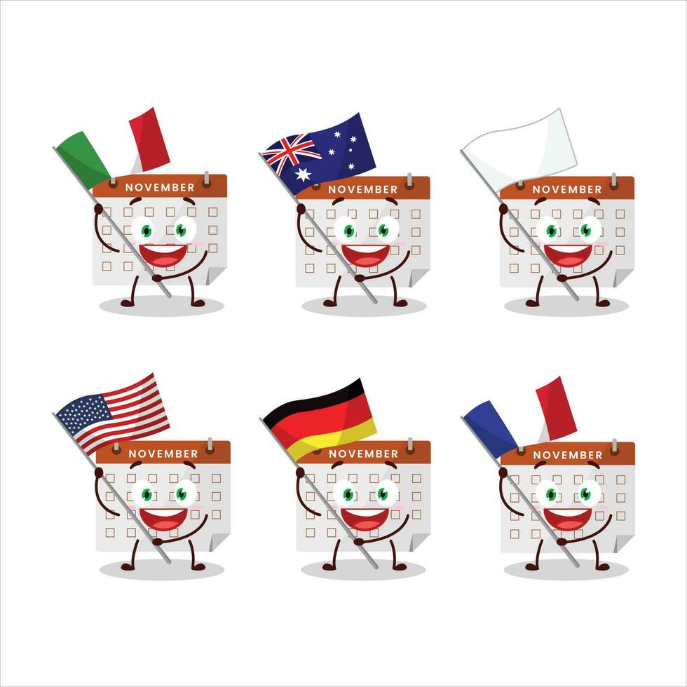 Thanksgiving calendar cartoon character bring the flags of various countries vector