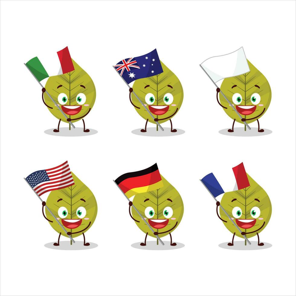 verde hojas dibujos animados personaje traer el banderas de varios países vector