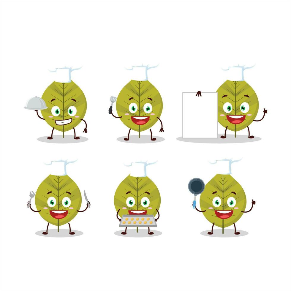 dibujos animados personaje de verde hojas con varios cocinero emoticones vector