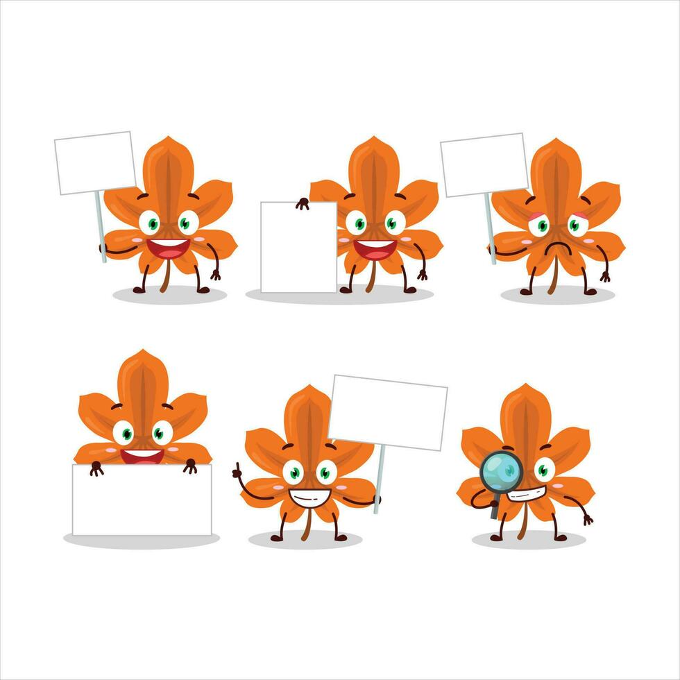 Orange dried leaves cartoon character bring information board vector