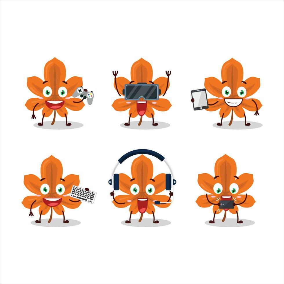 Orange dried leaves cartoon character are playing games with various cute emoticons vector