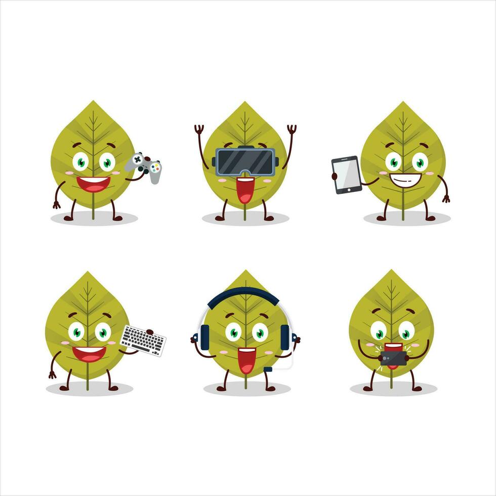 Green leaves cartoon character are playing games with various cute emoticons vector