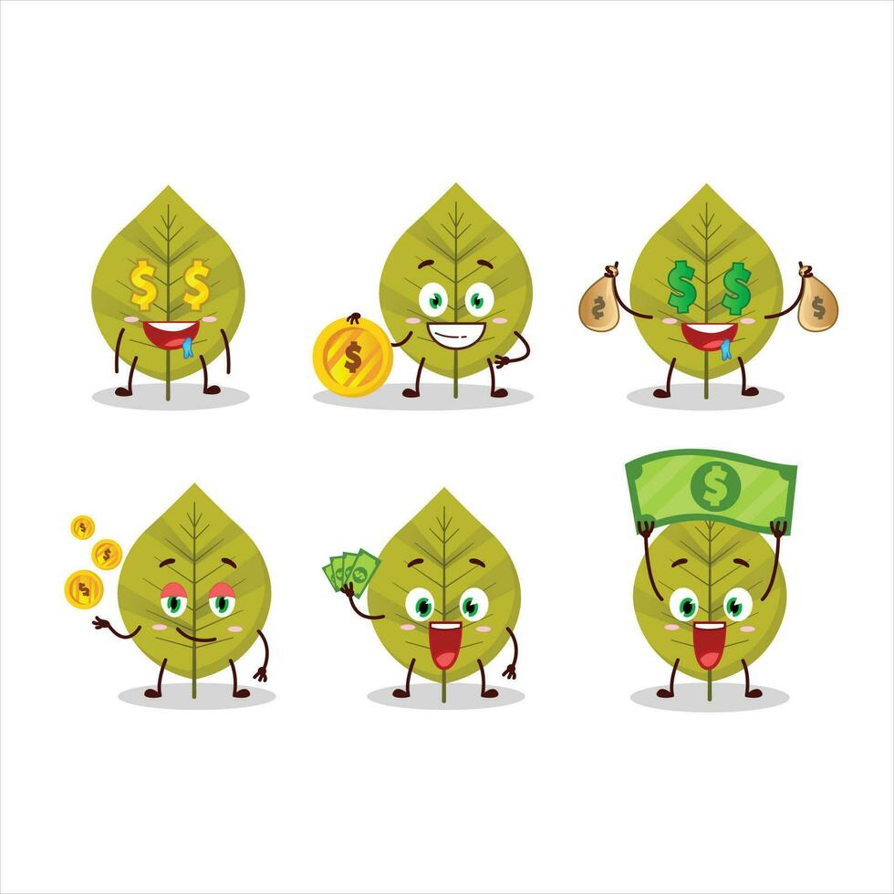 Green leaves cartoon character with cute emoticon bring money vector