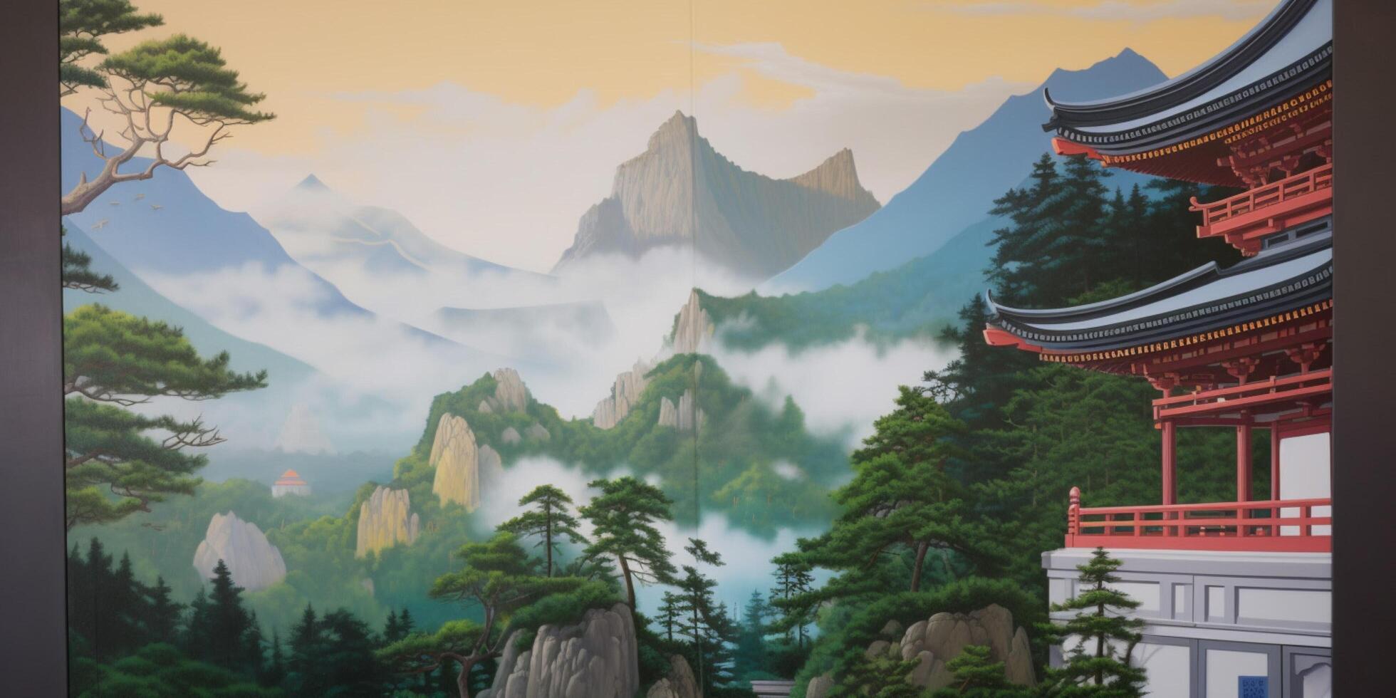 Painting of japanese temple on a mountain photo