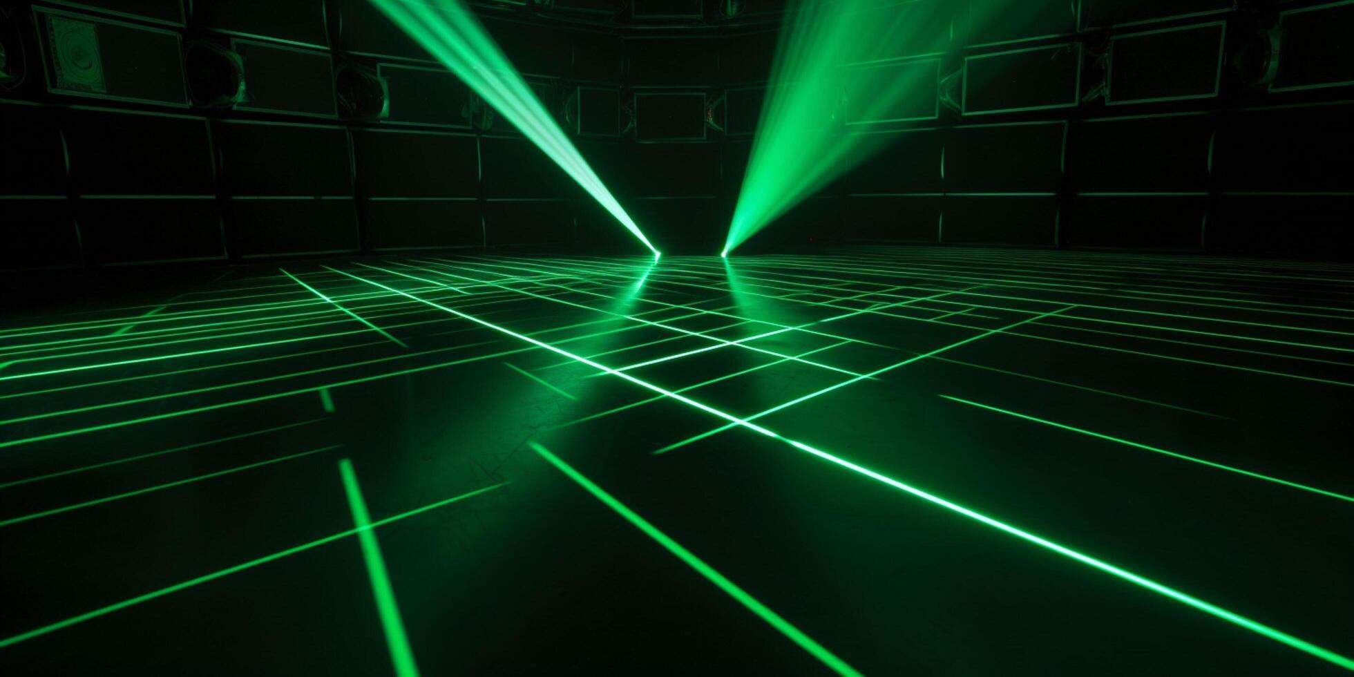 green laser on empty dance floor on night club photo