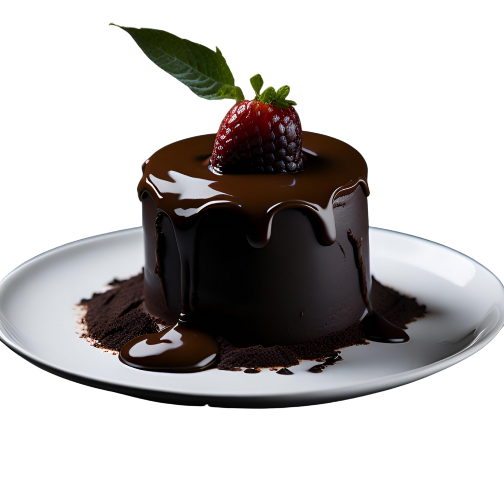 cioccolato torta con fragola guarnizione su bianca piatto isolato, cioccolato torta su trasparente sfondo, cioccolato torta, forno e Pasticcino, cibo fotografia png