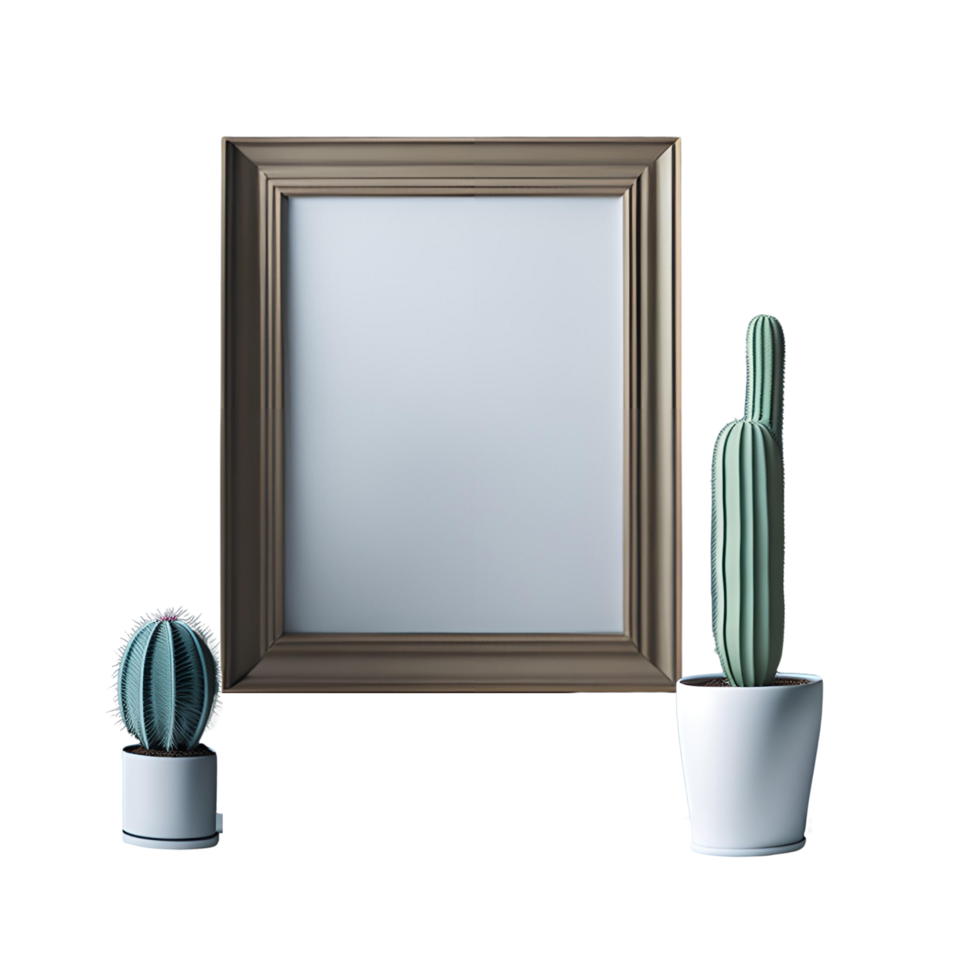 white blank frame with potted plants mockup, Empty blank frame mockup, blank picture frame template, frame mockup on transparent background,  minimalistic frame clipart png