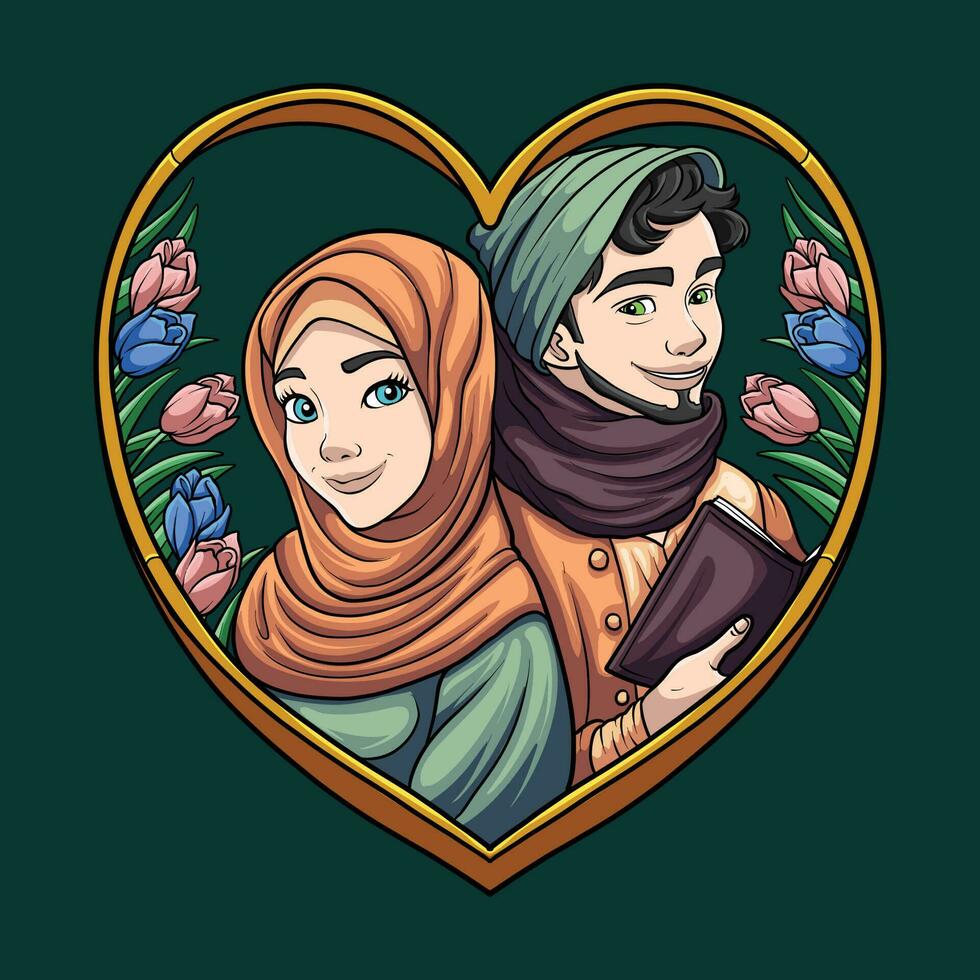 musulmán marido y esposa amor dibujos animados vector