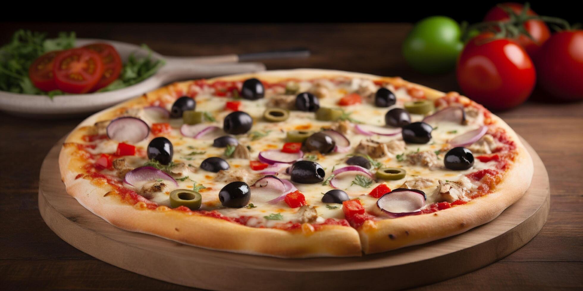 A pizza with tomatoes and olives photo