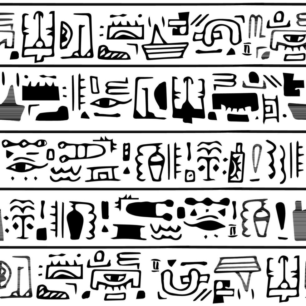 Black-white hand drawn adventure playful vector seamless pattern of featuring Egyptian-inspired icons. Perfect for travel-themed designs