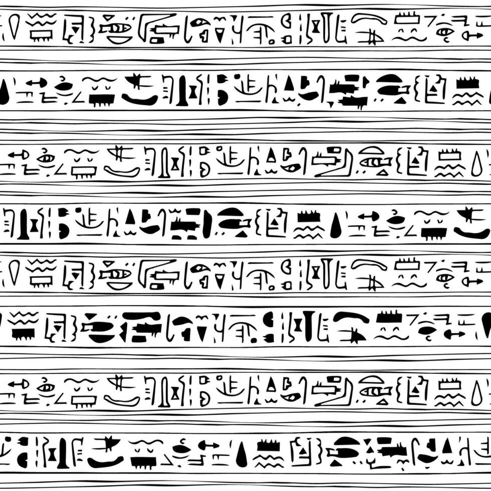 Line border abstract black white egyptian seamless modern pattern with fish, waves, face and other symbols like hieroglyphs vector