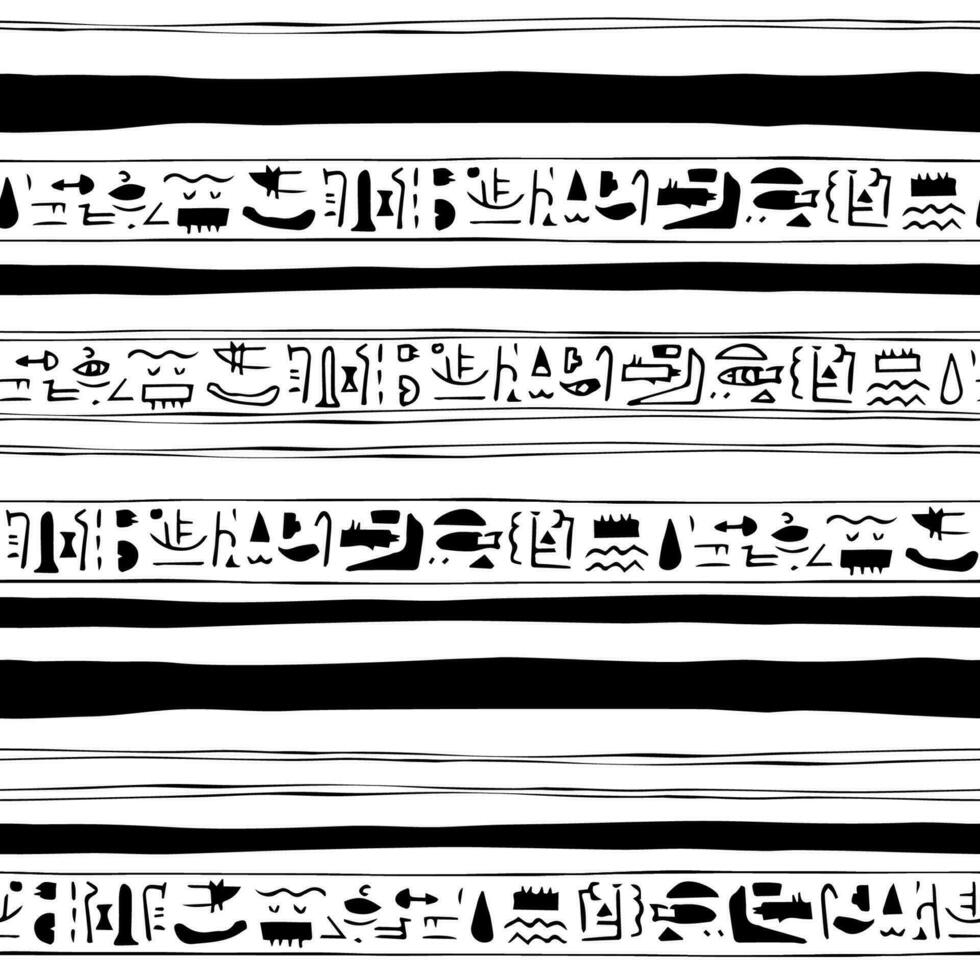 negro blanco dibujado a mano sin costura modelo frontera con símbolos similar a egipcio vector
