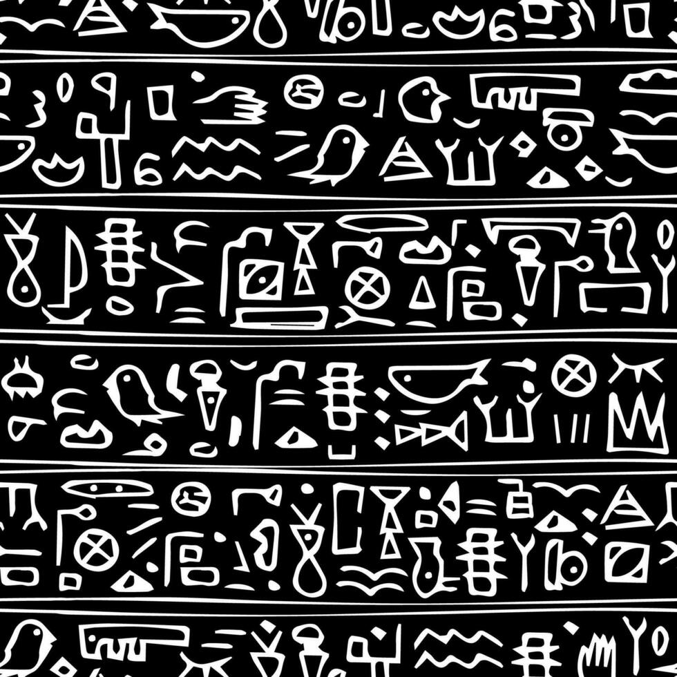 Hand-drawn hieroglyphs ancient white modern seamless pattern with line symbols of whales, birds and abstract signs similar to Egyptian on black background vector