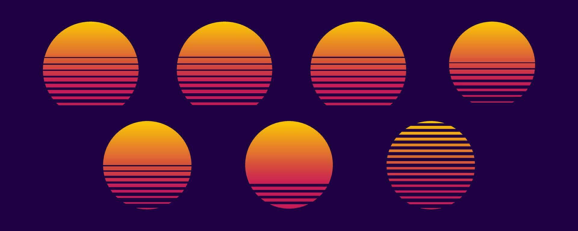 Set of retro graphics with sun dipped in sea. Sunset collection. 80s pack of vector sunsets. Elements for 80's and 90's posters, illustrations and web designs.