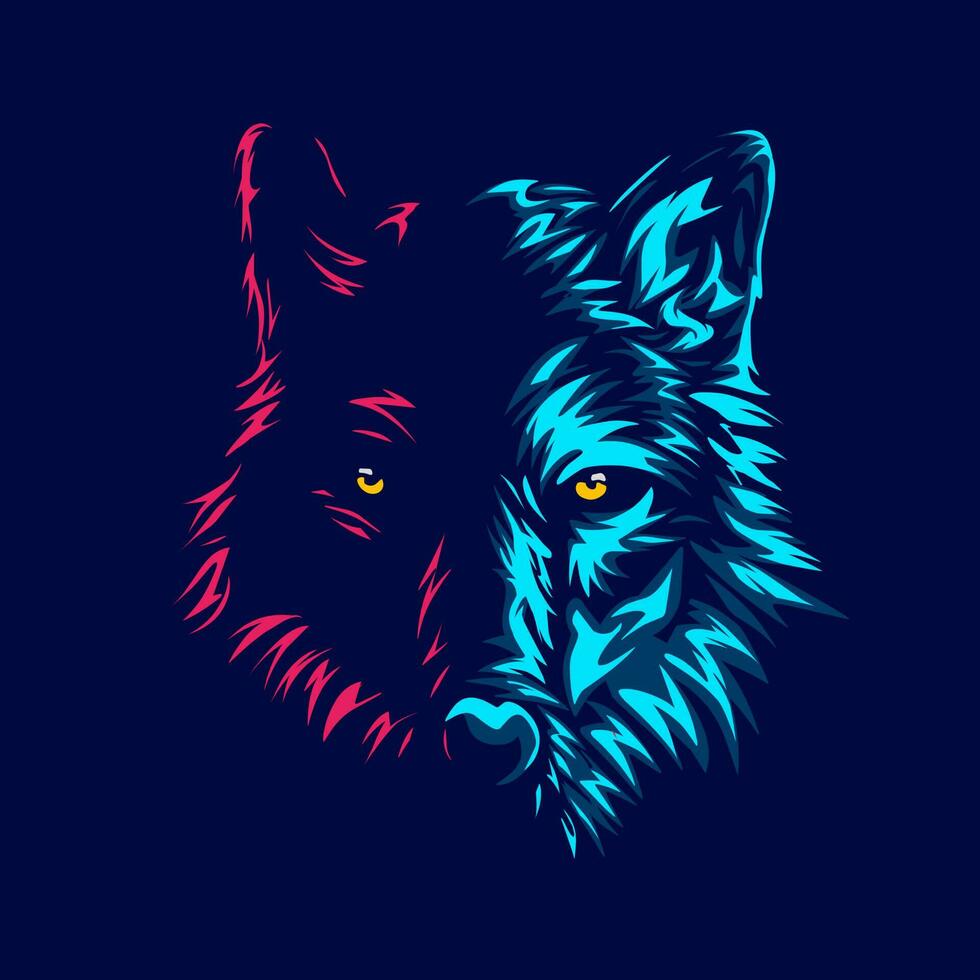 Wolf logo line pop art portrait colorful neon design with dark background. Abstract animal vector illustration.