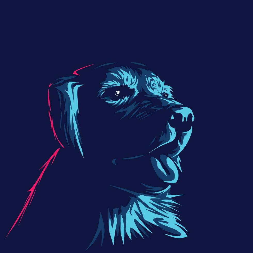 Dog logo line pop art portrait colorful neon design with dark background. Abstract animal vector illustration.