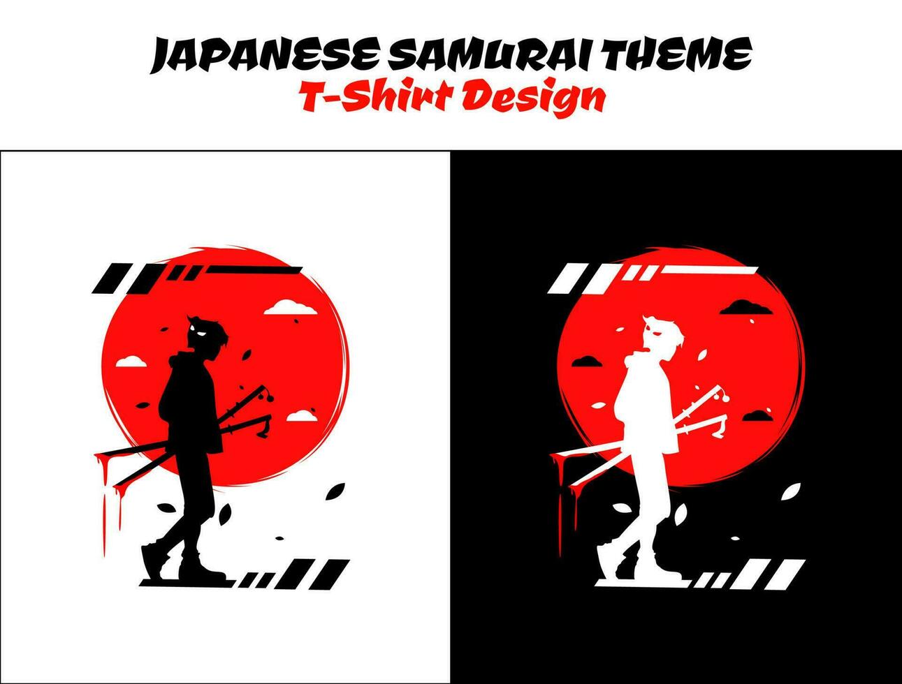 Silhouette japan samurai vector for design t-shirt concept. Samurai with red moon t-shirt design. Samurai Vector Illustration. Urban samurai with blood streetwear theme tshirt.
