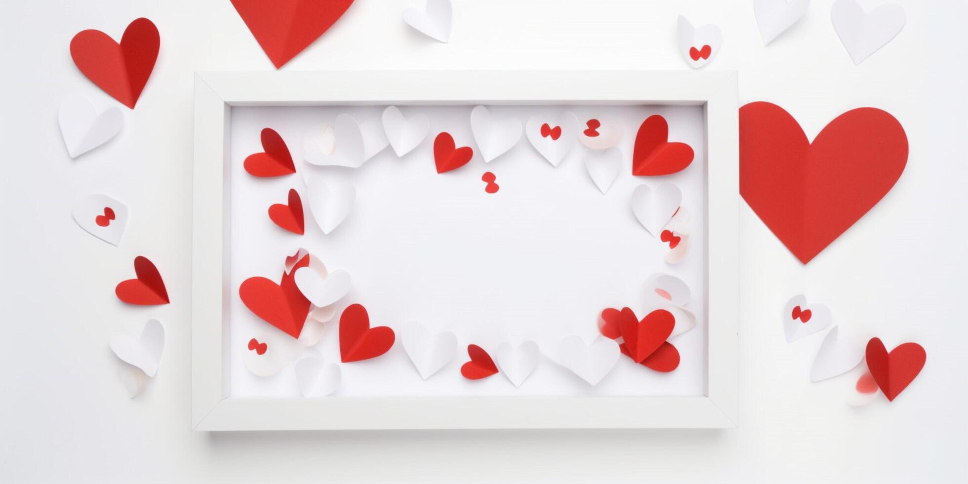 A white frame with red and white hearts photo