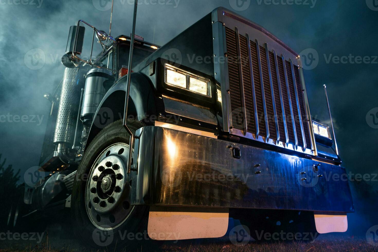 Retro Semi Truck Tractor Night Time Illumination photo