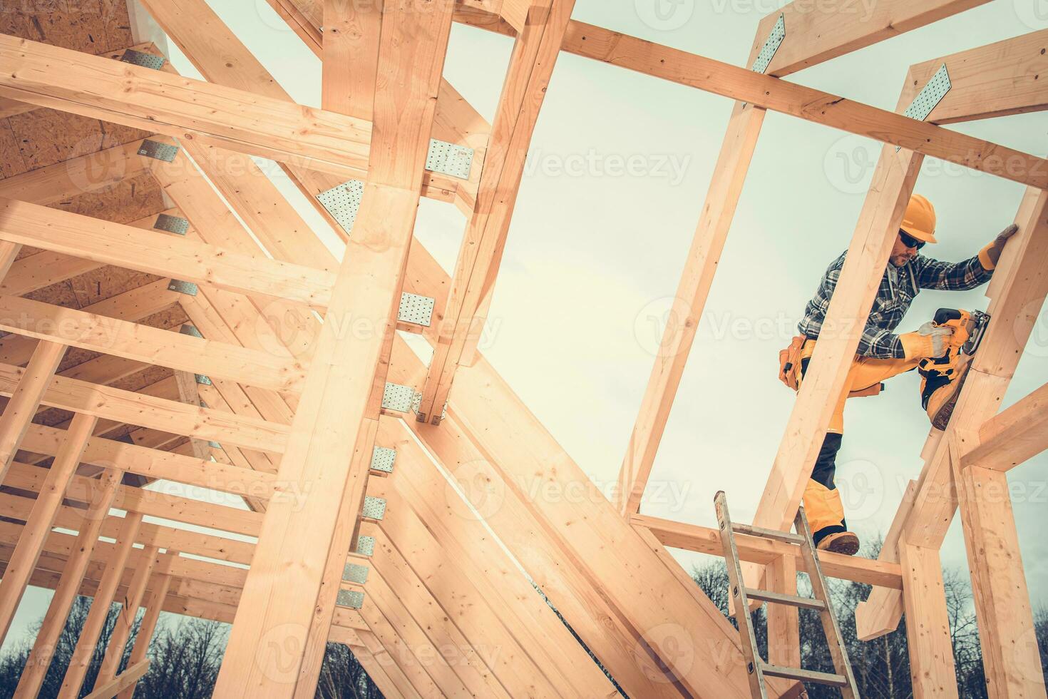 Contractor Finishing the Wooden Skeleton of the House photo