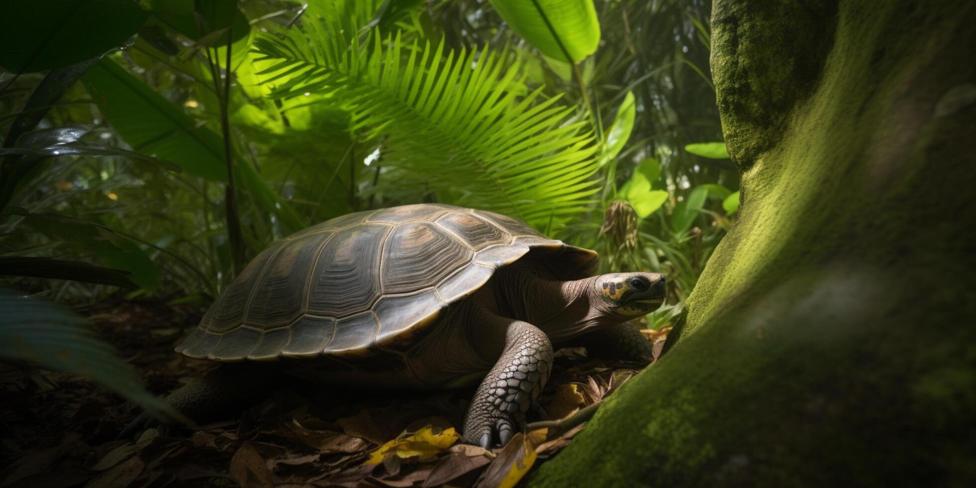 A tortoise in the jungle with a sunshine photo