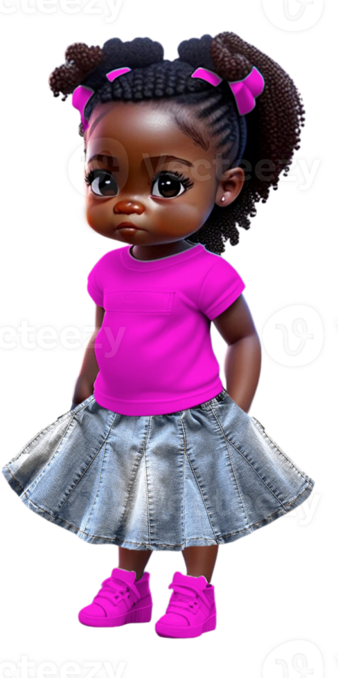 litet barn flicka i jean kjol med flätor ai genererad beställnings- färgad png