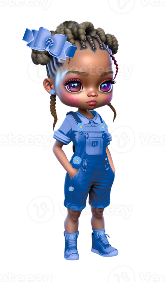 Bright Eyed Girl with Braids and Overalls Custom Colored png
