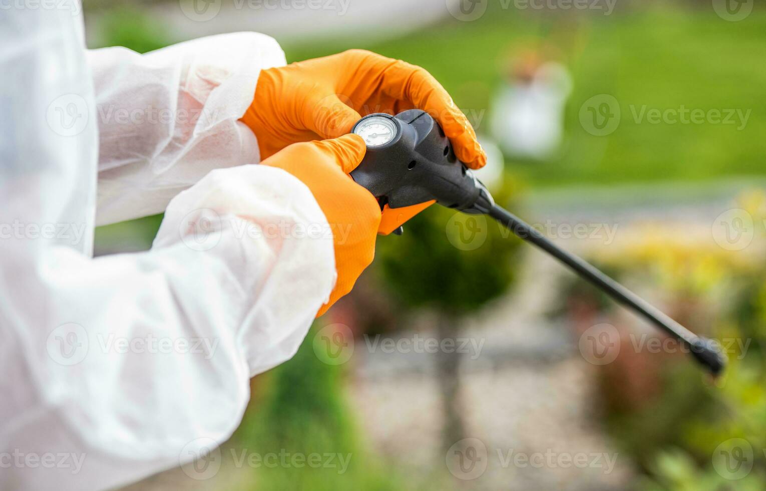 pesticida rociador calibración realizado por profesional jardinero foto