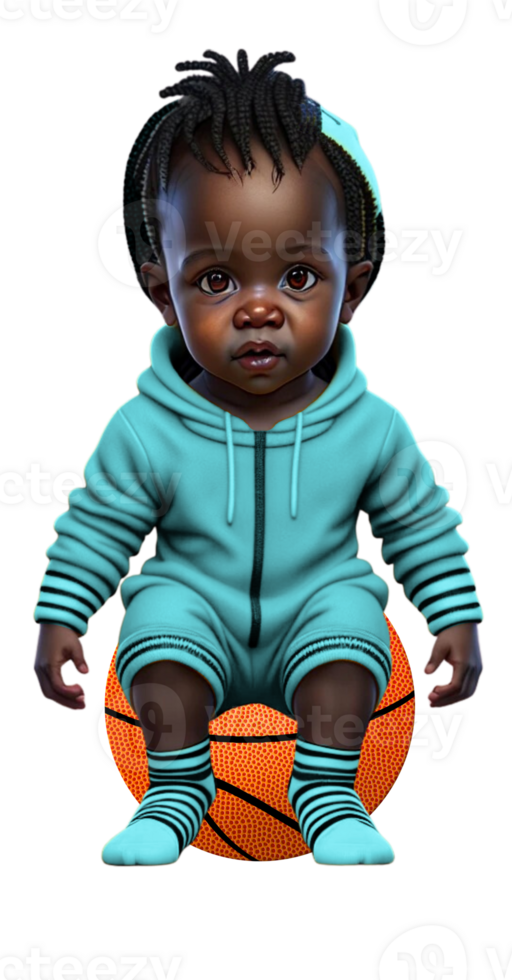 bambino piccolo nel tutina seduta su pallacanestro ai generato costume colorato png