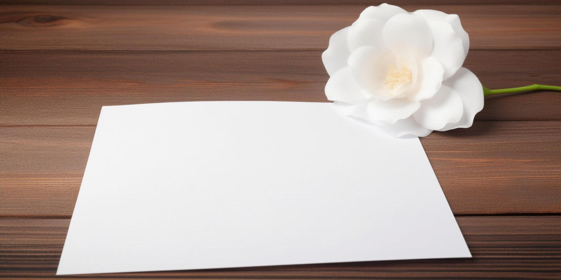 White rose on a wooden desk with paper photo
