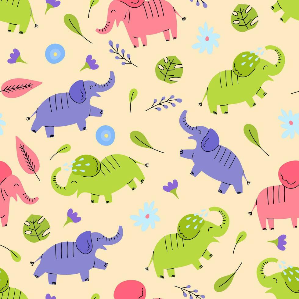 Doodle Cute Elephant Animal Seamless Pattern Background. Vector