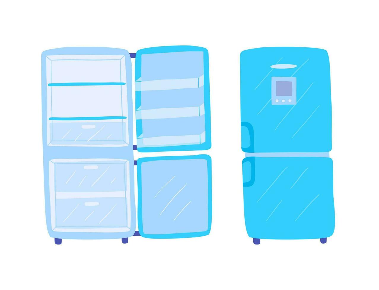 Cartoon Color Closed and Open View Fridge Set. Vector