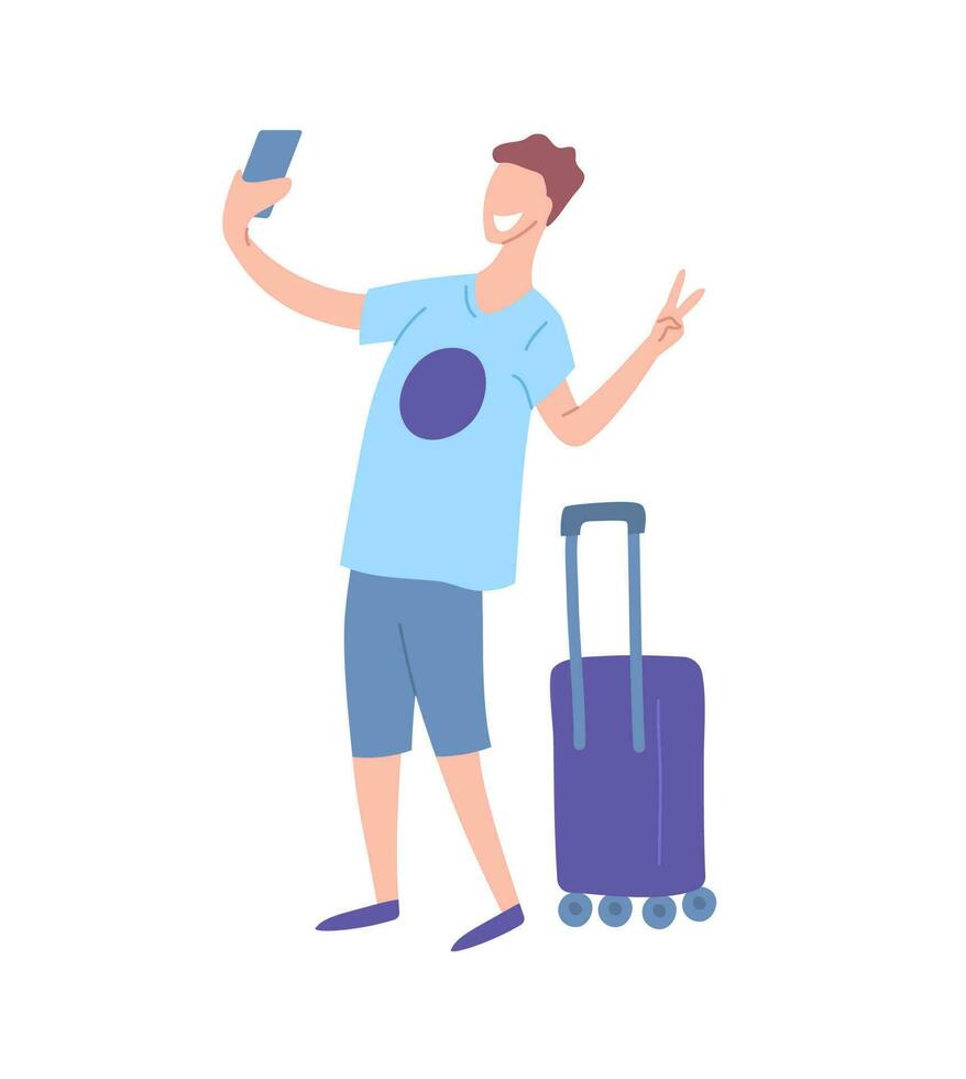 Cartoon Color Character Tourist with Luggage Travel. Vector