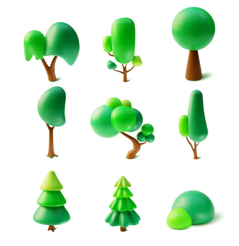 3d diferente verde arboles y arbustos conjunto arcilla de moldear dibujos animados estilo. vector
